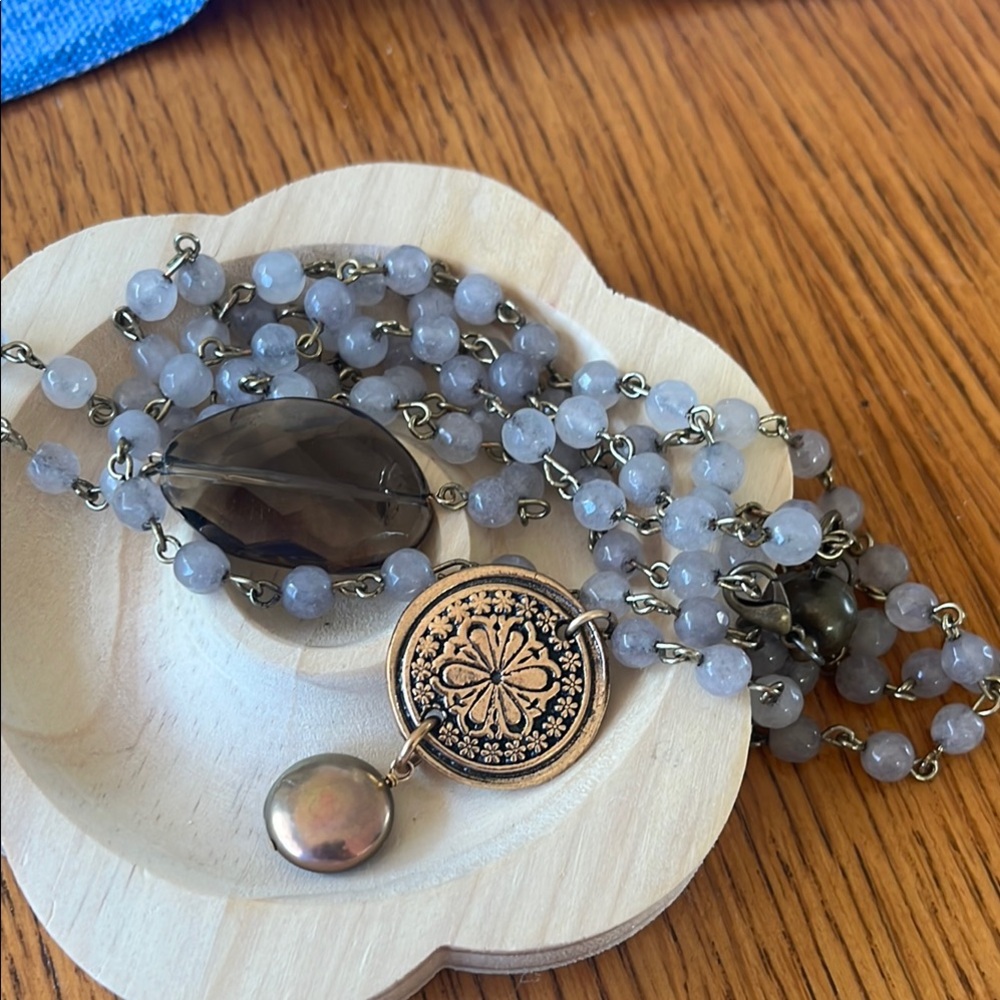 New Grey Quartz Smokey Quartz Freshwater coin Pearl Copper Medallion Necklace